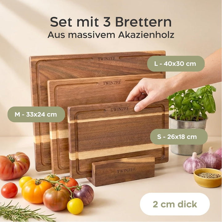 Twinzee Schneidebrett 3er Set (40 x 30/33 x 24/26 x 18 cm) aus Massiver Akazie - Schneidebrett Holz
