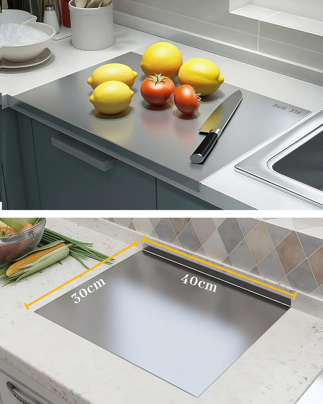 JanYoo Arbeitsplatte Knetbrett 316 Edelstahl Schneidebrett 40x30cm, 2mm Dicke Cutting Board, Küchenp