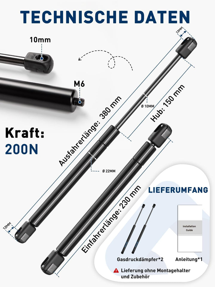 ARANA Gasdruckfedern 380mm, 200N, geeignet für schwere Klappen, 2 Stück | Universeller Gasdruckdämpf