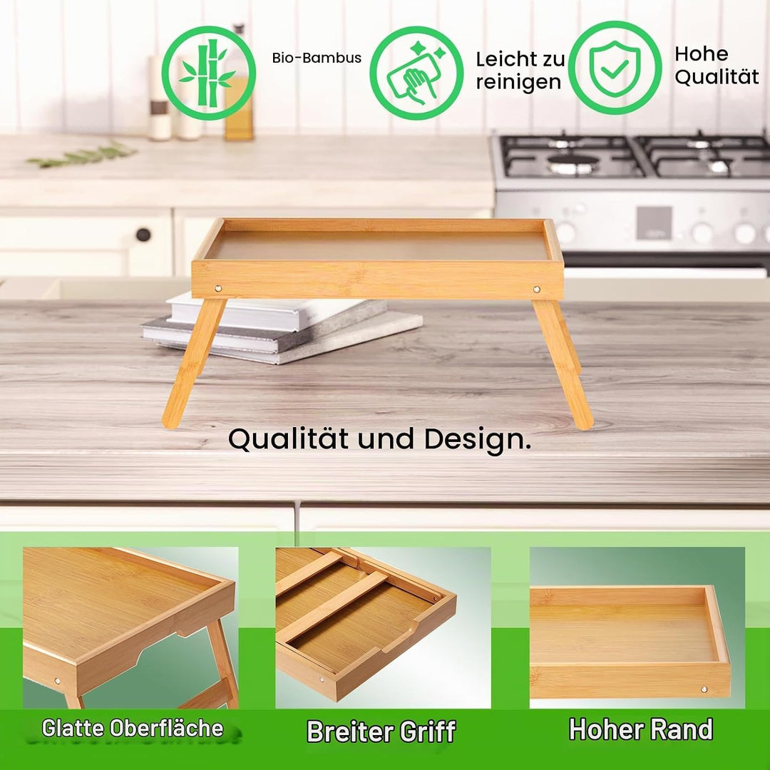 2er Pack Betttablett mit klappbaren Beinen, Bambus Frühstückstabletts, Serviertablett Betttisch für