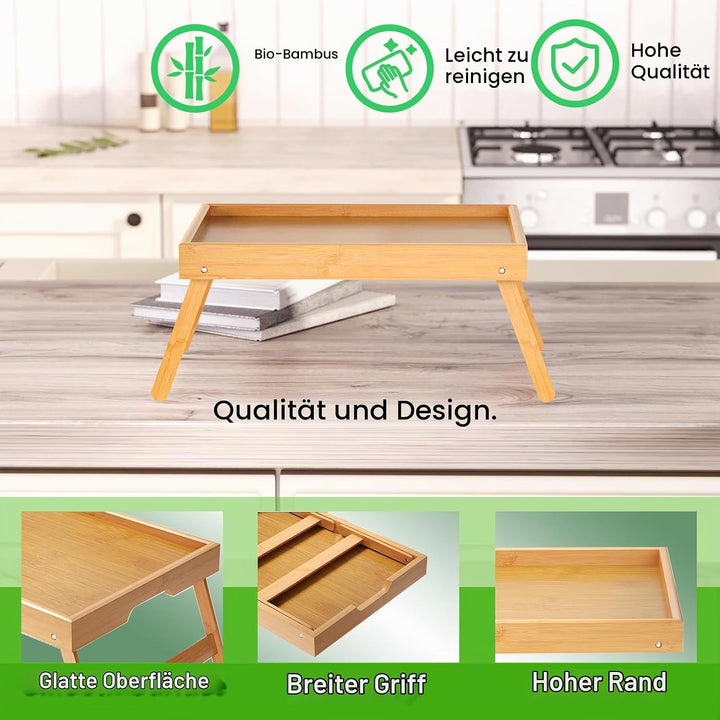 2er Pack Betttablett mit klappbaren Beinen, Bambus Frühstückstabletts, Serviertablett Betttisch für