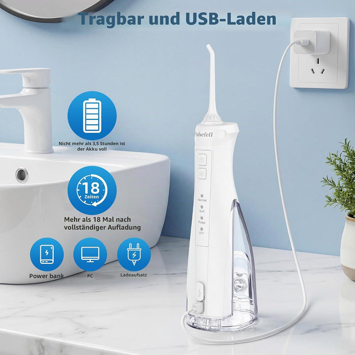 Oral Irrigator Professionell Kabellos, 300 ML Wiederaufladbare Wasserzahnreiniger mit 4 Düsen und 4