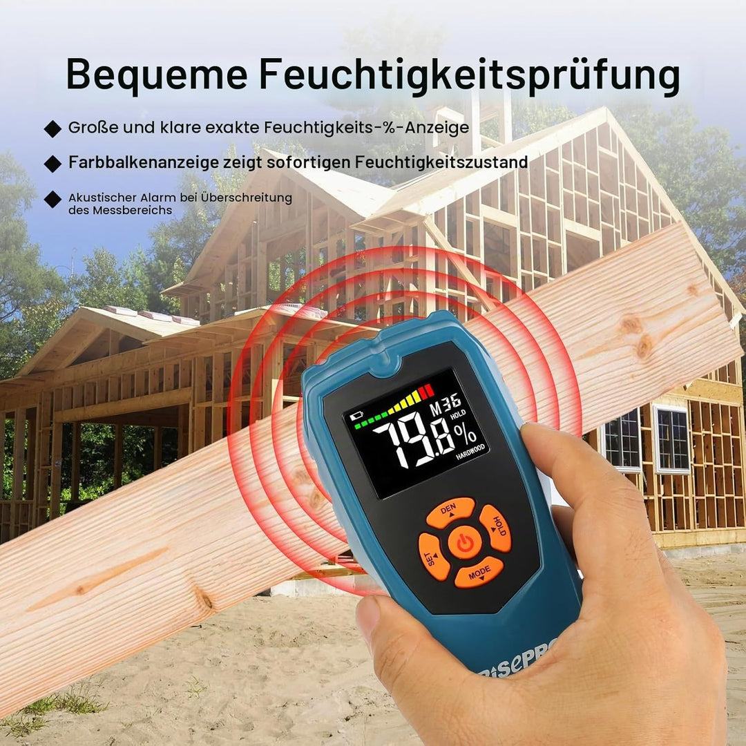 RISEPRO Holzfeuchtemessgerät Stiftloser zerstörungsfreier Holzfeuchtedetektor-Scanner für Brennholz,