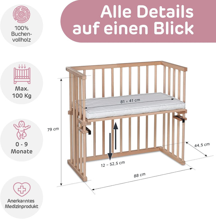 babybay Midi Beistellbett, natur unbehandelt mit Matratze Classic Soft Natur Unbehandelt 88L x 44.5B