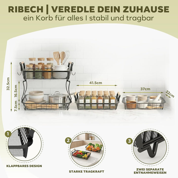 Obstkorb 2-stöckig mit 2 Bananen-Aufhängern, Metall-Draht für Küchenarbeitsplatte, Gemüseaufbewahrun