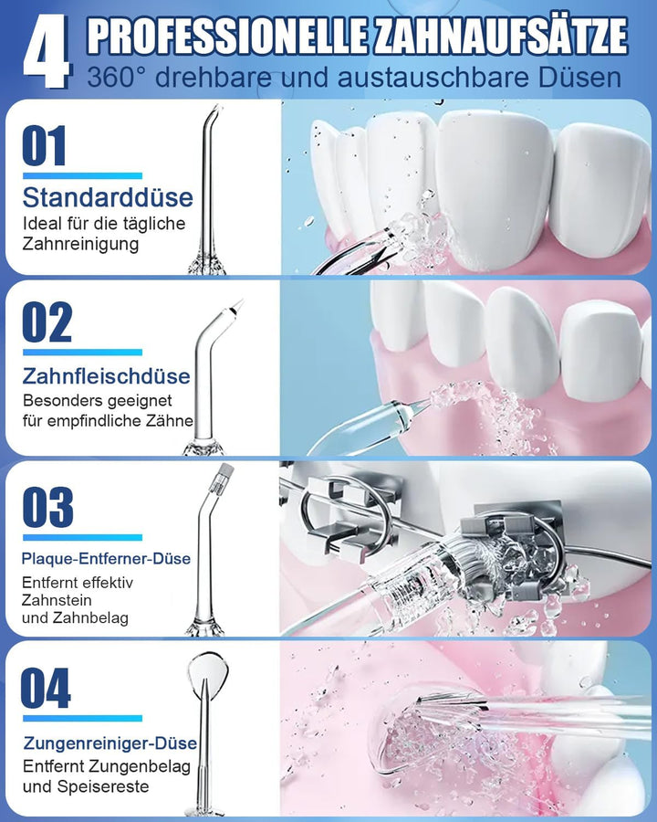 Munddusche Kabellos Elektrisch, 2026 380ml Wassertank, 3 Modi & 4 Düsen, 1600 Wasserstösse/Min, IPX7