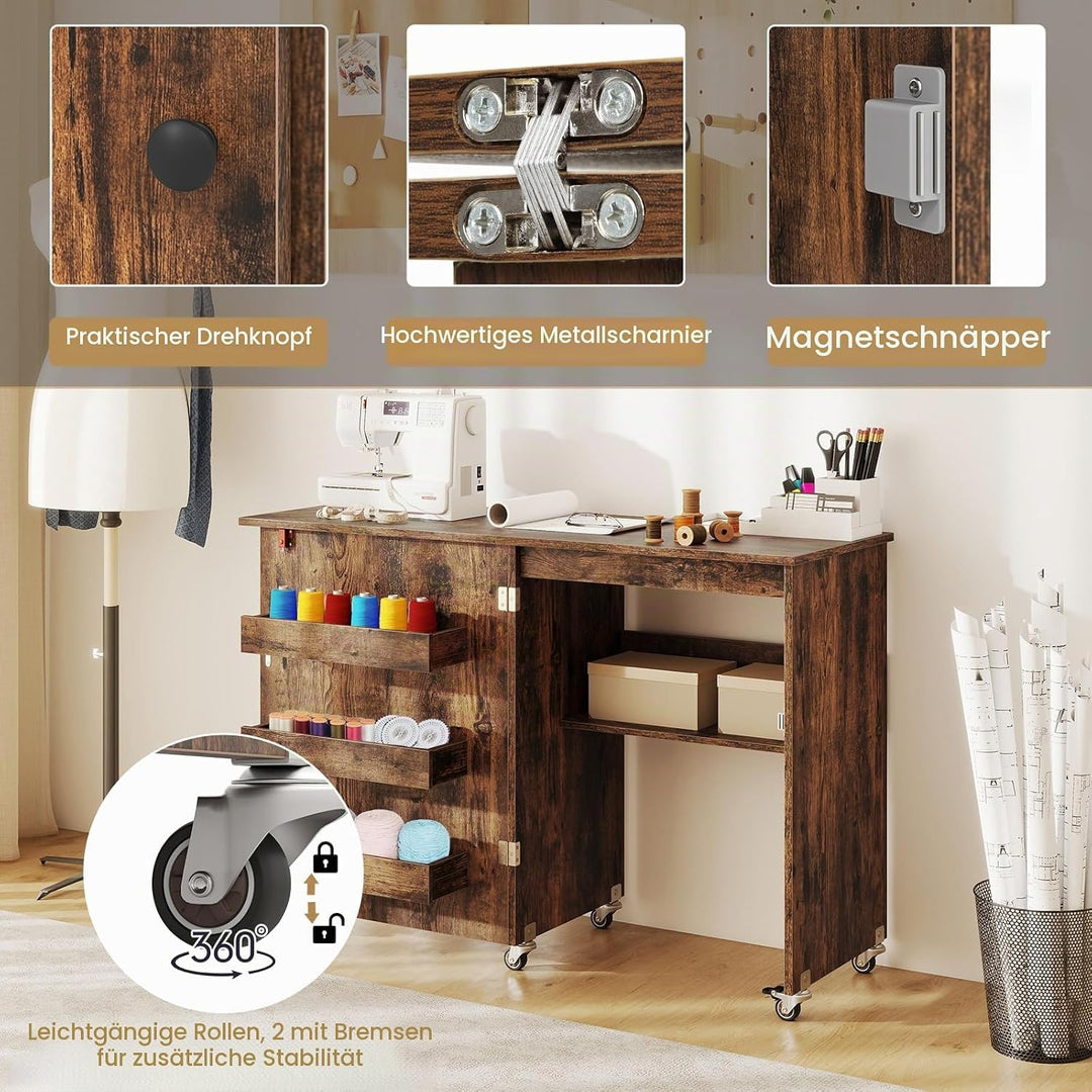 LIFEZEAL Nähmaschinenschrank klappbar, Nähschrank 2 in 1, Schreibtisch Holz mit Haken, Ablage &amp; Roll