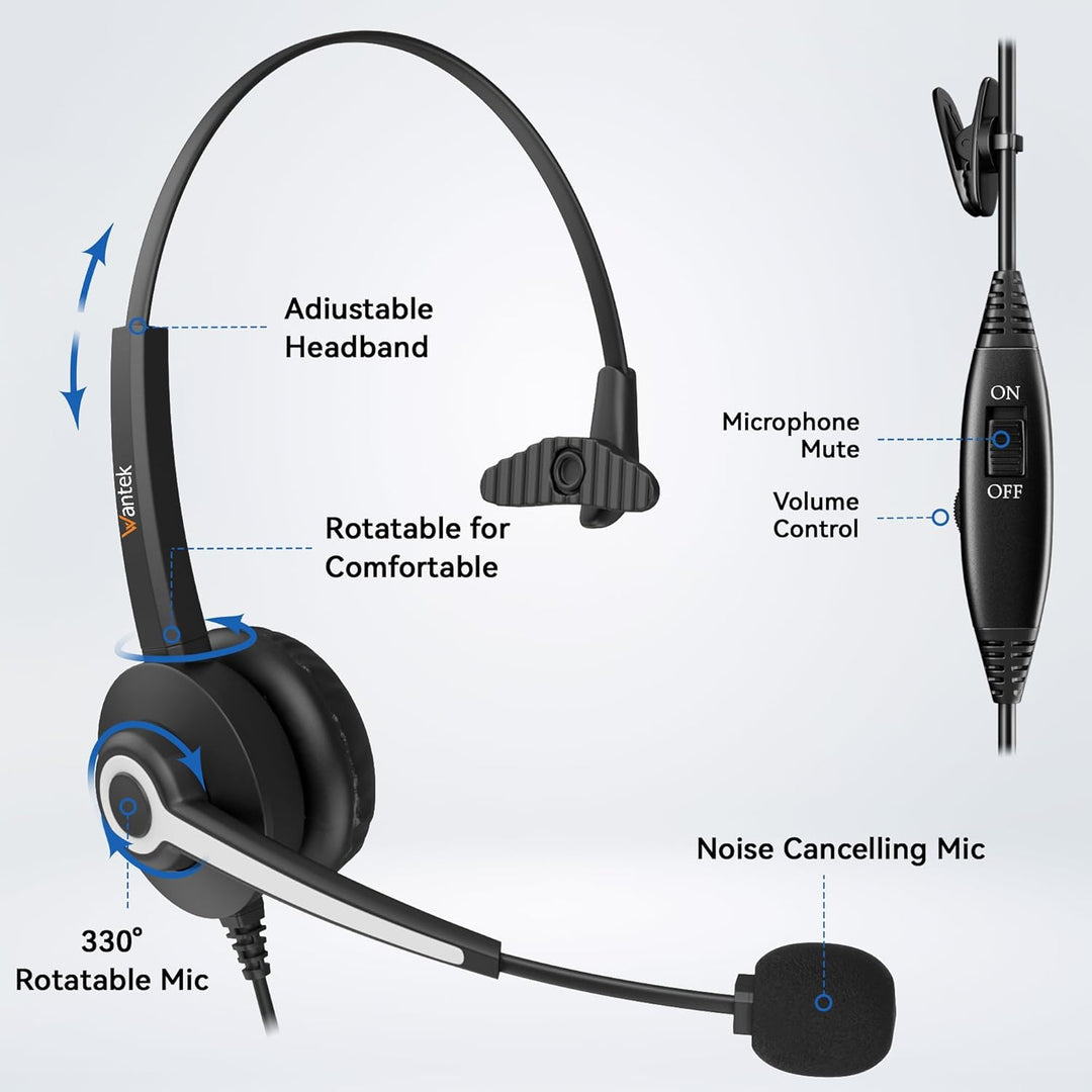 Wantek Telefon Headset Mono mit Noise Cancelling Mikrofon, Lautstärkeregler, Call Center Kopfhörer f