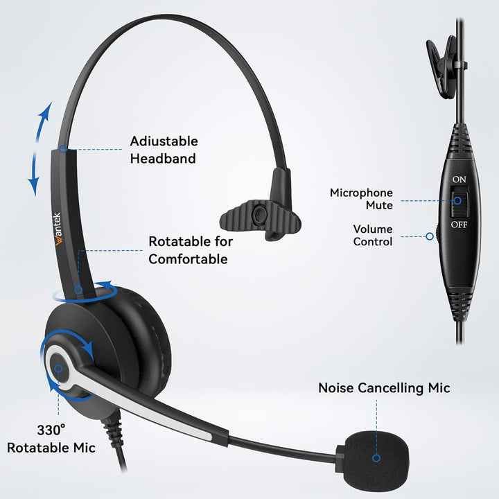 Wantek Telefon Headset Mono mit Noise Cancelling Mikrofon, Lautstärkeregler, Call Center Kopfhörer f