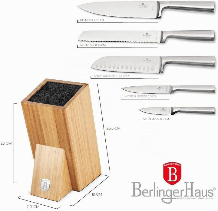 Berlinger Haus Messerset 6-teilig Edelstahl in Holzblock | Präzisionsklingen und elegantes Design