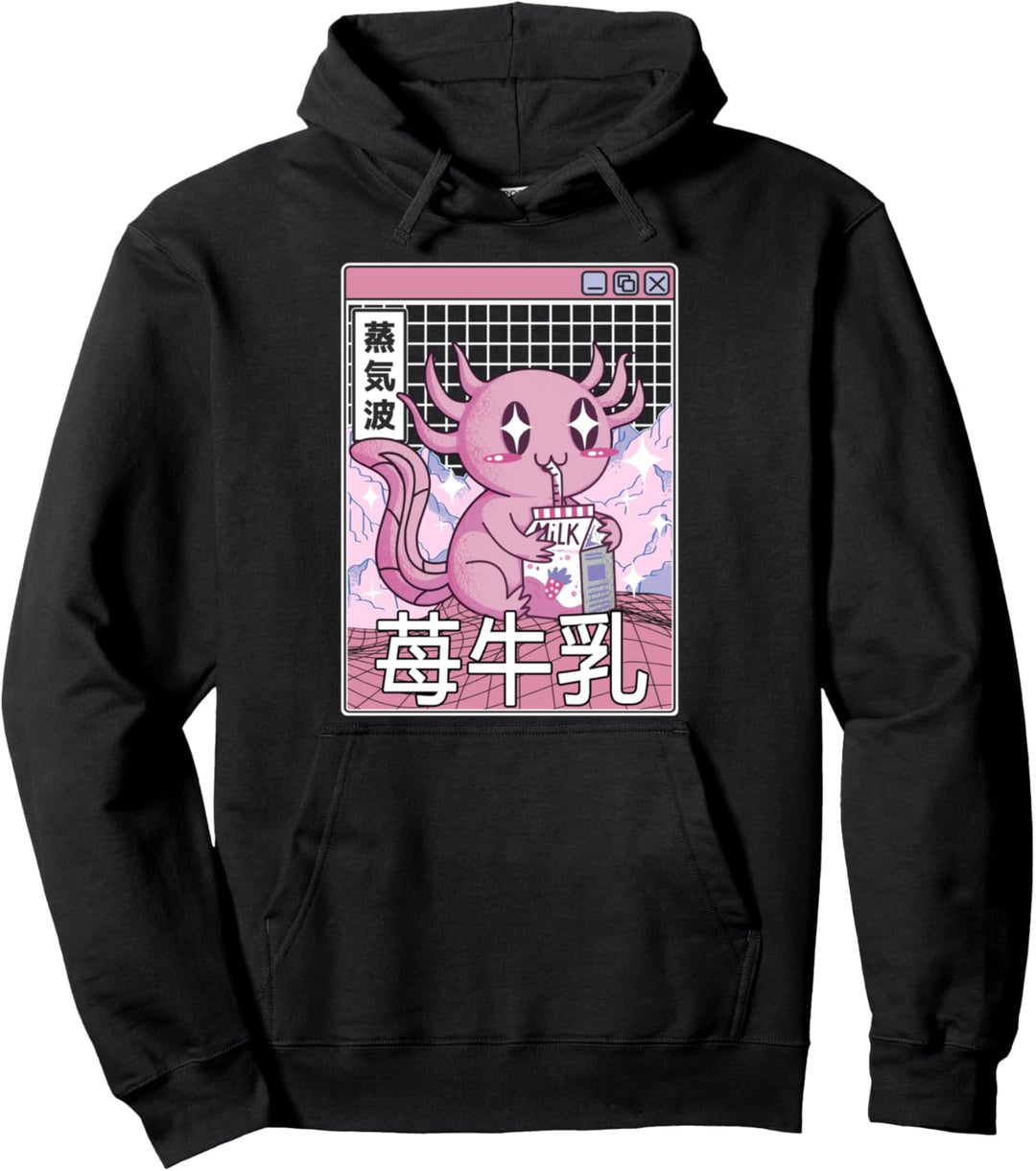 Axolotl Trinkflasche Erdbeermilch Japan Otaku Anime Vaporwave Pullover Hoodie