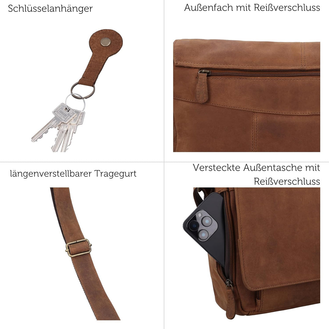Gusti Leder Florin Aktentasche Laptoptasche, Hellbraun, 43x34x8 cm, 1,44 kg, Büffelleder, Umhängetas