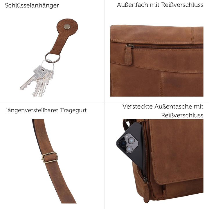 Gusti Leder Florin Aktentasche Laptoptasche, Hellbraun, 43x34x8 cm, 1,44 kg, Büffelleder, Umhängetas