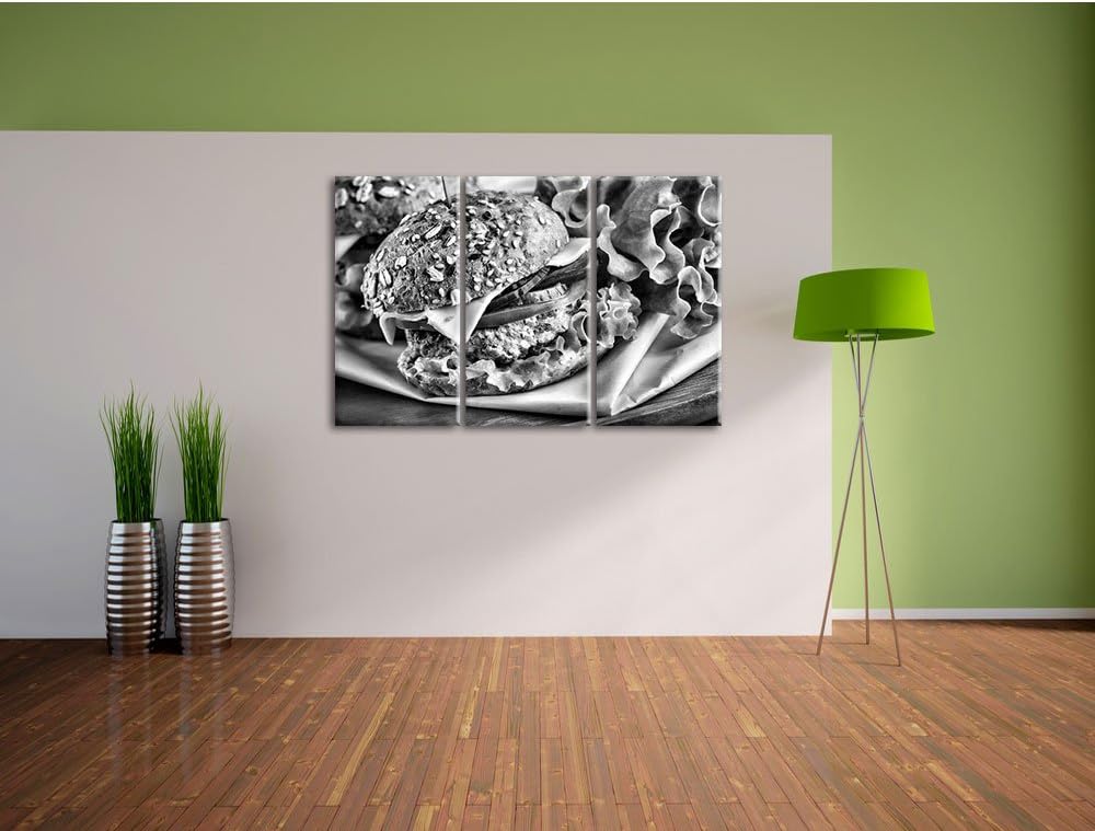 Pixxprint Monocrome, Köstlicher Hamburger 3-Teiler Leinwandbild 120x80 Bild auf Leinwand