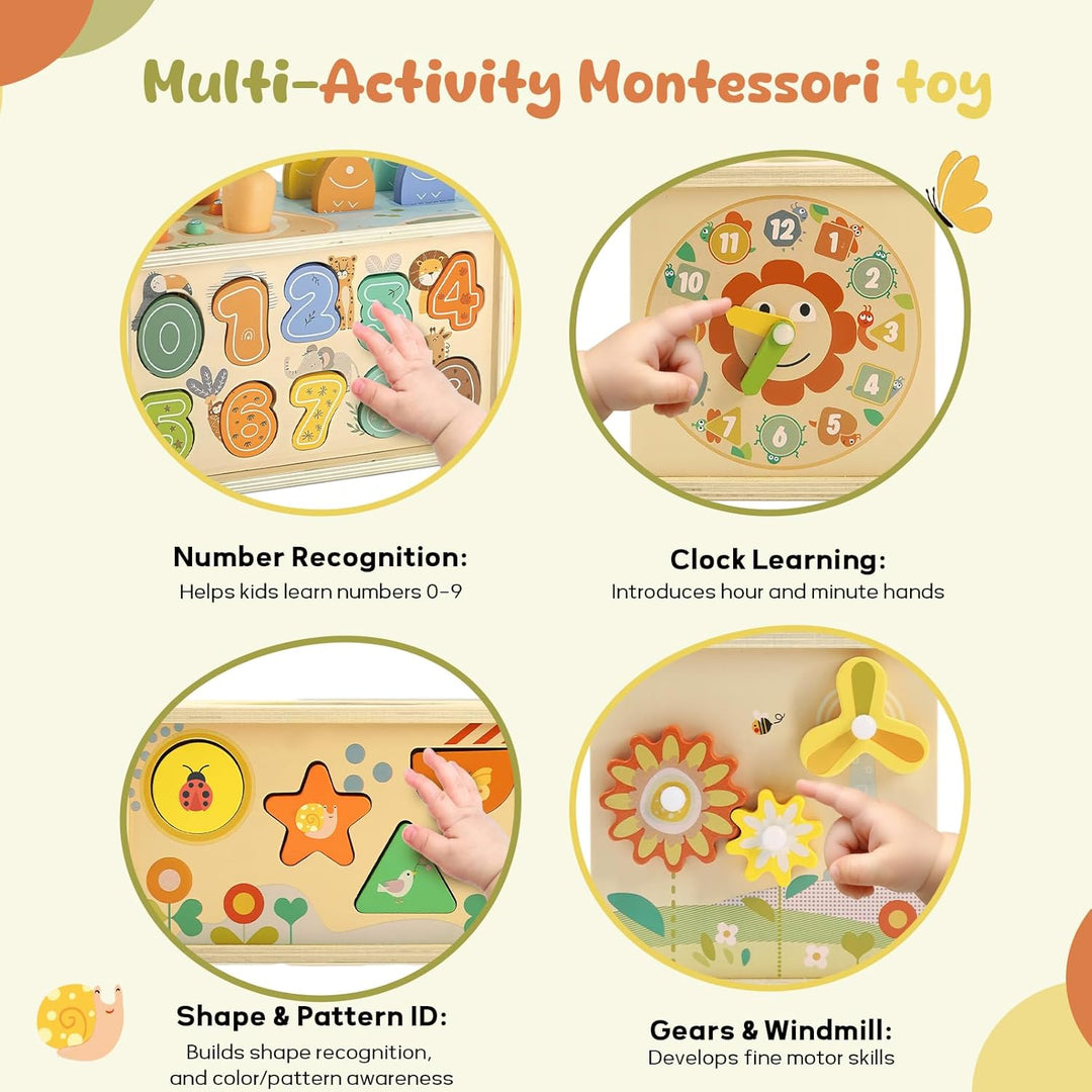Montessori Spielzeug Baby ab 1 Jahr, 6 in 1 Tücherbox Montessori-Holzspielzeug mit Zahnrädern, Angel