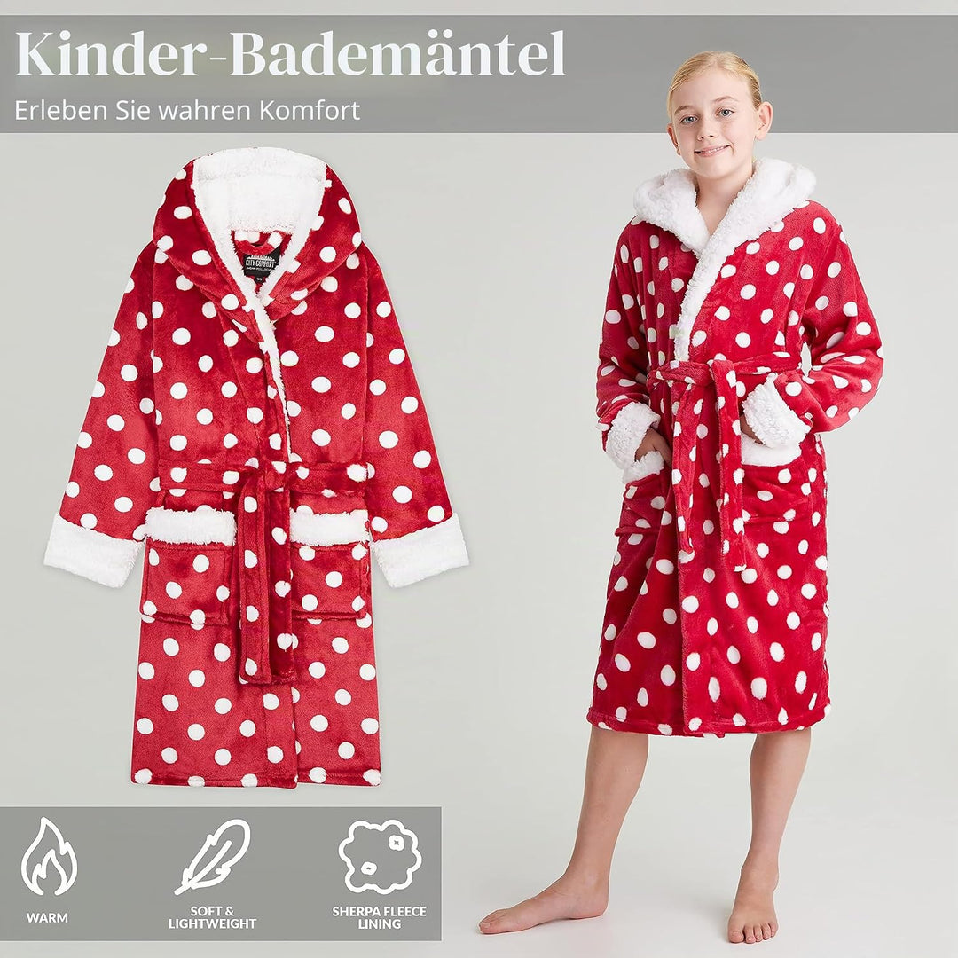 CityComfort Bademantel Kinder Mädchen, Fleece Morgenmantel Kinder Dressing Gown mit Punkten 11-12 Ja