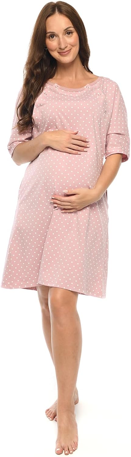 MijaCulture 3 in1 Geburtskleid Stillnachthemd Umstandsnachthemd 4128 Rosa/mit Herzen S, Rosa/mit Her