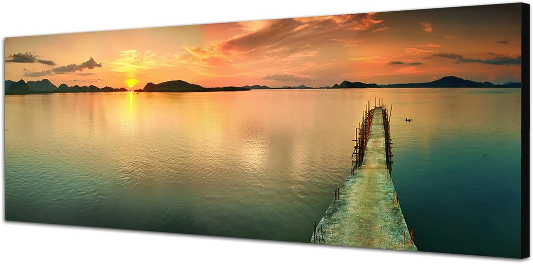 Paul Sinus Art Panoramabild auf Leinwand und Keilrahmen 150x50cm Meer Steg Sonnenuntergang