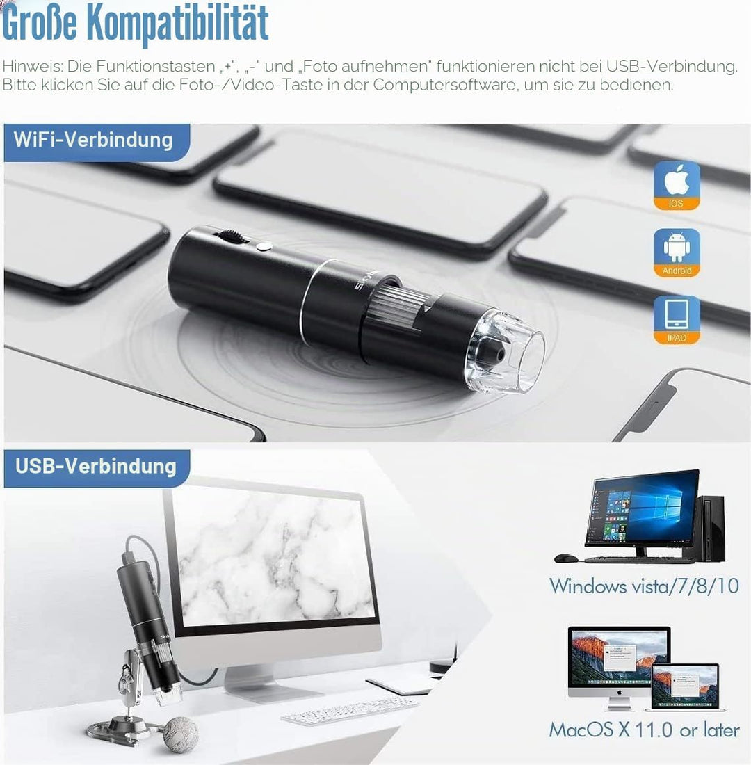 Drahtloses Digitales Mikroskop, Skybasic Digital Mikroskop 50X bis 1000X WiFi Mikroskop Handgehalten