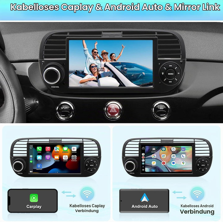 Android 13 Autoradio für FIAT 500 (2007–2015) | 7-Zoll-IPS-Touchscreen mit wasserdichter HD-Rückfahr