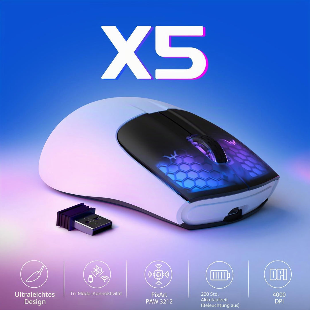 ATTACK SHARK X5 Ultra-leichte kabellose Gaming-Mäuse 49g,Tri-Mode Kabelgebunden/2.4G/BT5.0,PAW3312 P