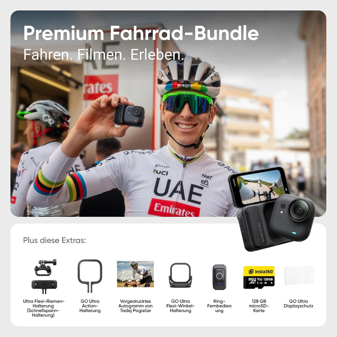 Insta360 GO Ultra Premium Fahrrad-Bundle Nachtschwarz- freihändige 4K Mini-Cam, leicht &amp; mobil, top