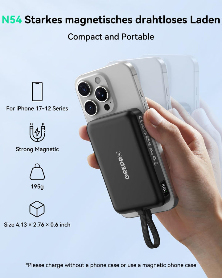GREPRO Magnetische Power Bank, 10000mAh Powerbank für Magsafe mit 22,5 W Schnellladung USB-C-Kabel,