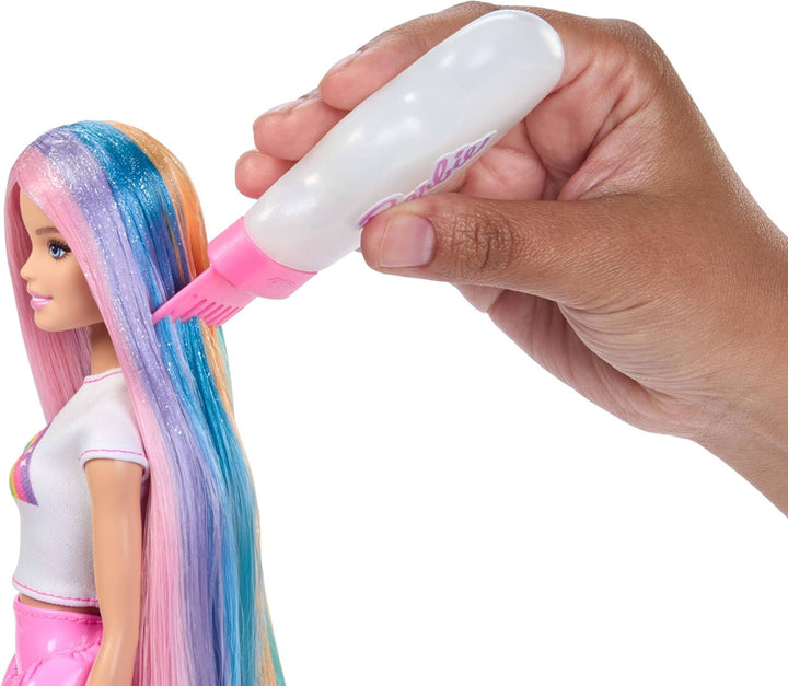 Barbie Regenbogen-Glitzerhaar Puppe, besonders Lange und Bunte Haare mit 12 Styling-Zubehörteilen wi