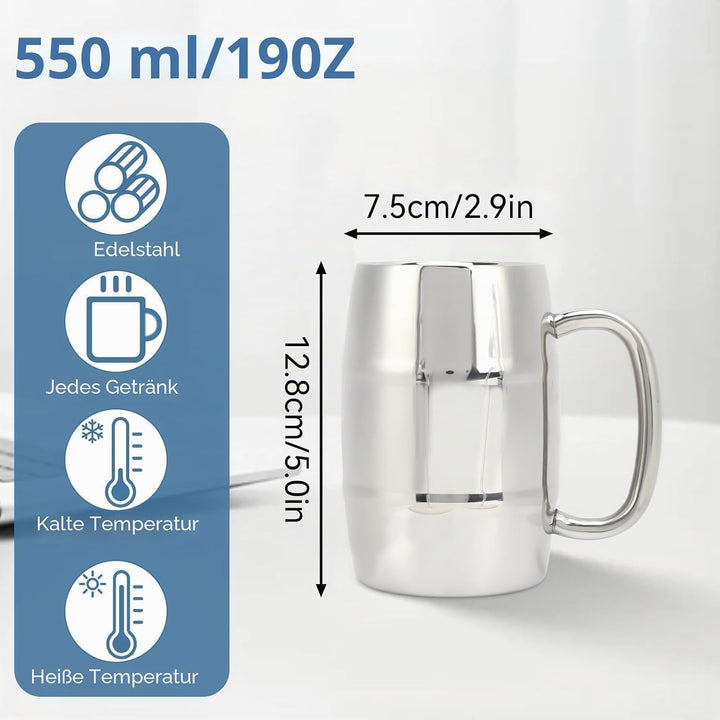 2 Stück Edelstahl Bierkrug, Metall Doppelwand Bierkrug Fass Bierkrug Reisebecher mit Griff Kaffeetas