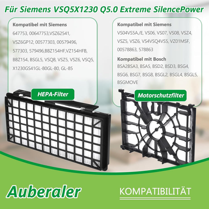 2x HEPA Filter + 2x Motorfilter Kompatibel mit Siemens Q5.0 VSQ5X1230 Extreme SilencePower Staubsaug