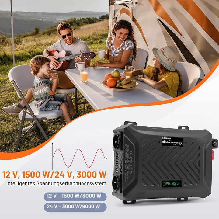 DATOUBOSS Wechselrichter 24V auf 230V 3000W/6000W, Spannungswandler 24V 3000W Reiner Sinus mit LCD-A