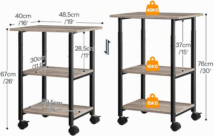 HOOBRO Druckertisch, Druckerwagen mit arretierbaren Rädern, Druckerständer rollbar mit 3 Ebenen, höh