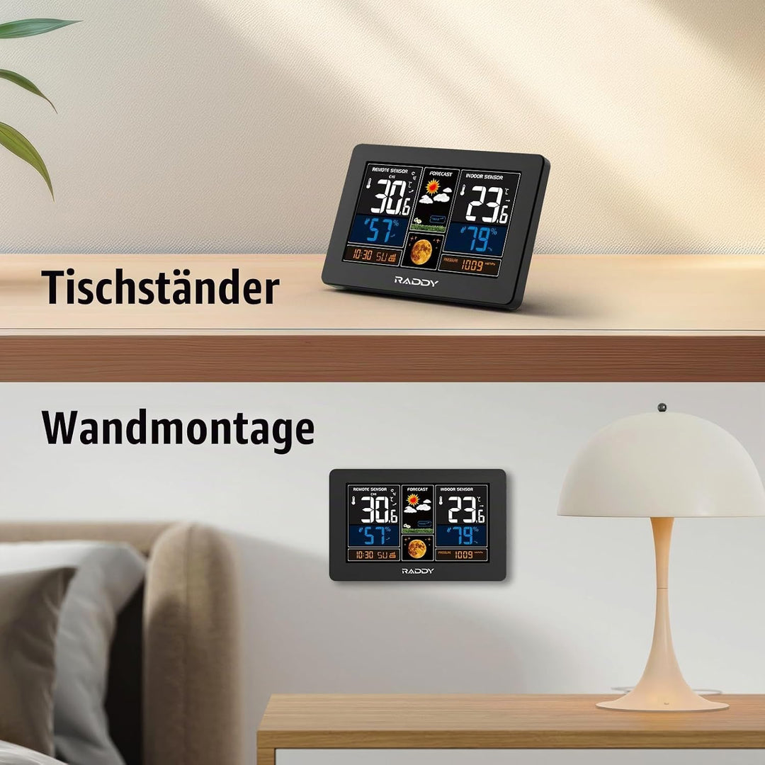 Raddy N75 Wi-Fi Wetterstation mit Aussensensor, 7,5" Funk-Wetterstation, Innen und Aussen Wettervorh