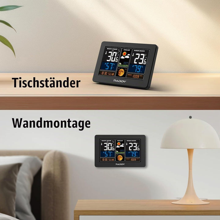 Raddy N75 Wi-Fi Wetterstation mit Aussensensor, 7,5" Funk-Wetterstation, Innen und Aussen Wettervorh