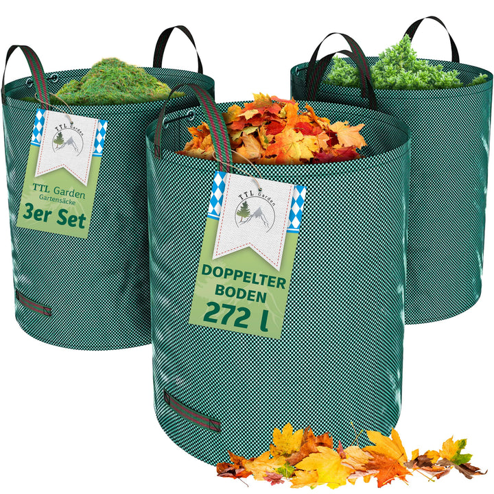 TTL Garden 3x 272L Gartensack - DOPPELTER BODEN extra stabil selbststehend 4 Griffe 150gsm gross rob