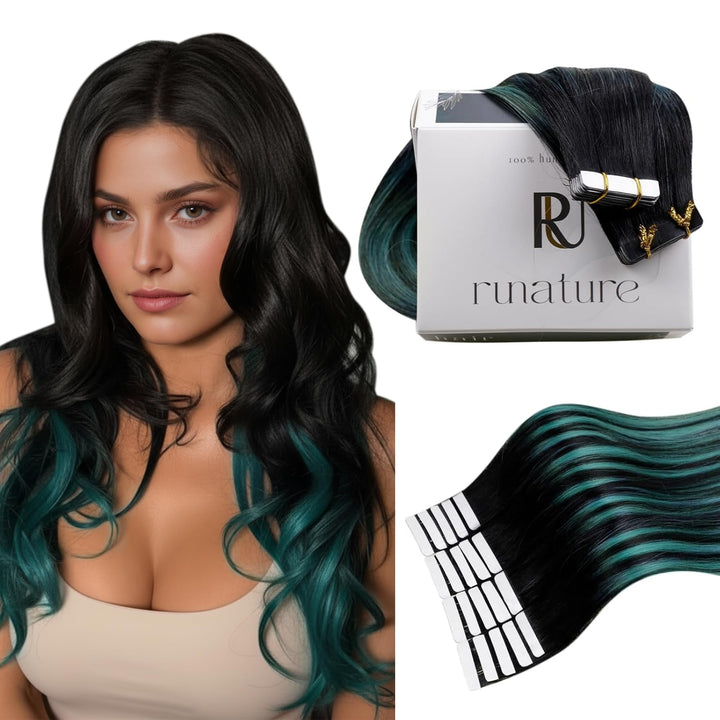 RUNATURE Tape in Extensions Echthaar Schwarz Ombre Grün Echthaar Extensions Tape 35cm 20 Stück 40g #