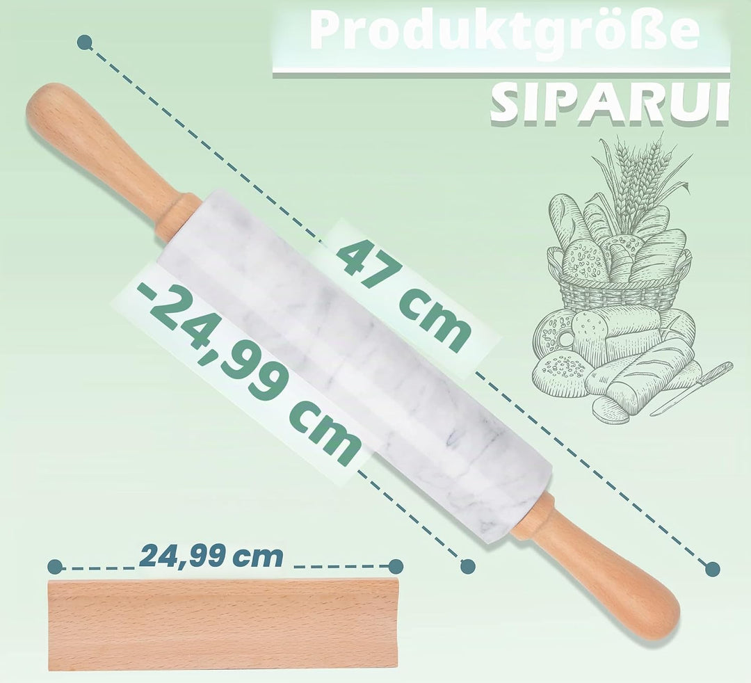 Marmor-Nudelholz mit Holzwiege, dicker Griff, Set zum Backen, 47 cm, hochwertige polierte Walze für