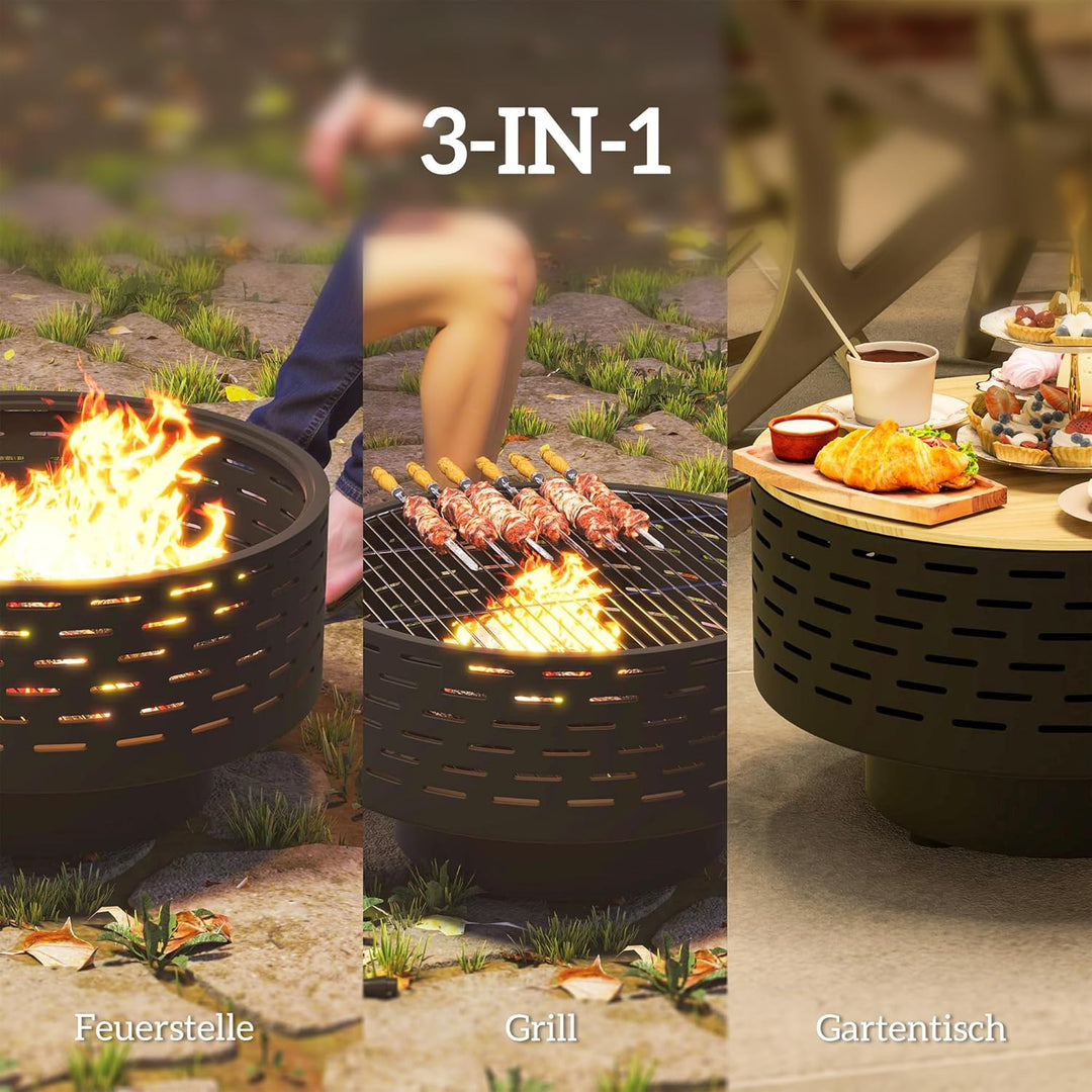 Outsunny 3-in-1 Feuerschale Ø60 x 39cm aus Edelstahl Feuerstelle mit Grillrost Schürhaken Funkenschu