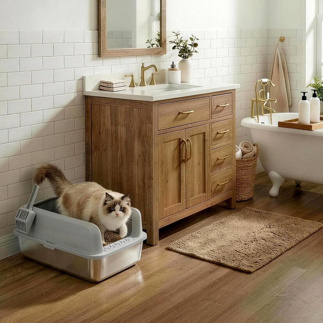 Lifewit Grosse Katzenklo Edelstahl mit Schaufel, Offene Katzentoilette mit hohem Rand für Mittelgros