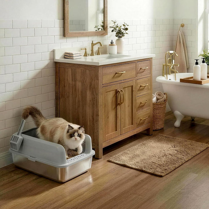 Lifewit Grosse Katzenklo Edelstahl mit Schaufel, Offene Katzentoilette mit hohem Rand für Mittelgros