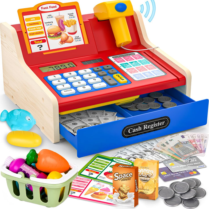 maysida Kinderkasse Holz-Registrierkasse mit Scanner & Sound für Kinder 3-5 Jahre, Spielzeug Kasse m