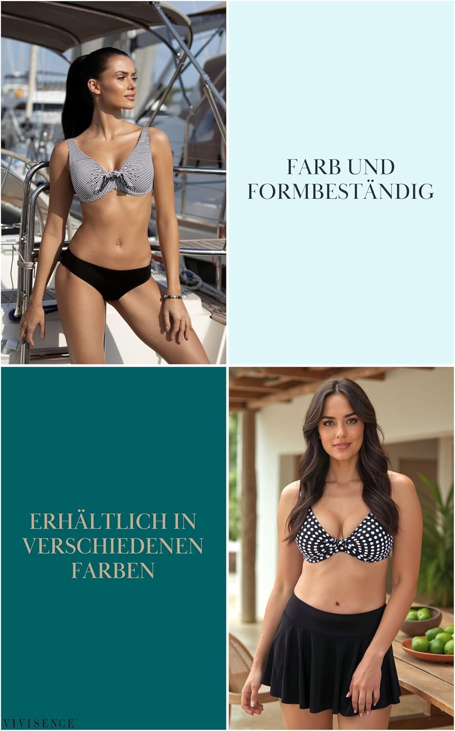 VIVISENCE Bikini BH Dame Bademode Soft Cups Gestreift Regulierbar EU 3203 75G Beige-schwarz, 75G Bei