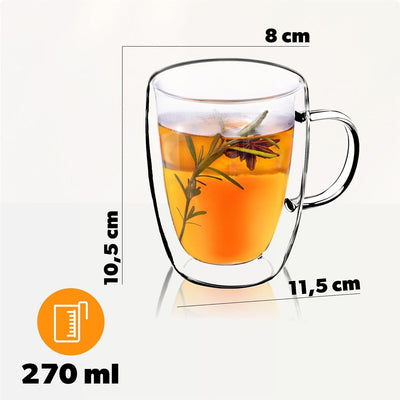 KADAX doppelwandige Glas Tasse, Glas mit Griff, 270ml, Trinkglas für Saft, Tee, Kaffee, Drink, Wasse