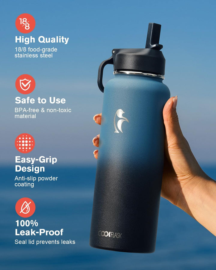 Coolflask 1180ml Isolierte Wasserflasche mit Strohhalm & 3 Deckeln, Metall-Wasserflasche für Sport o