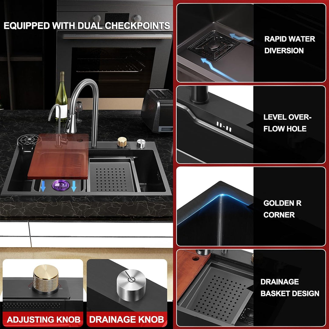 Küchenspüle,Neue Edelstahl Wasserfall Spüle,Drop In Single Bowl Workstation Spüle,Mit Cup Washer Spü