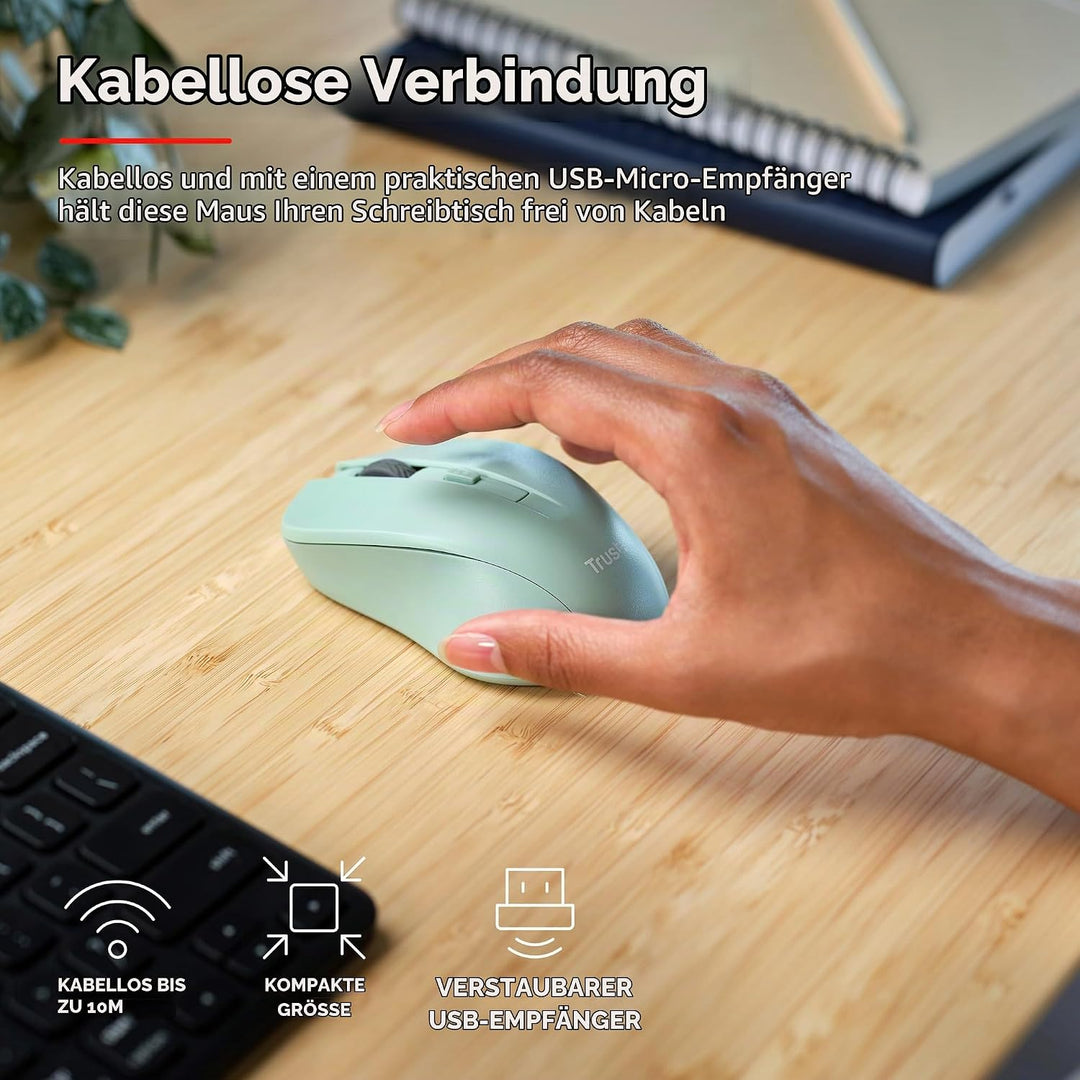 Trust Mydo Leise Funkmaus, 82% aus Recyclingkunststoff, 1000-1800 DPI, Verstaubarer USB Mikroempfäng
