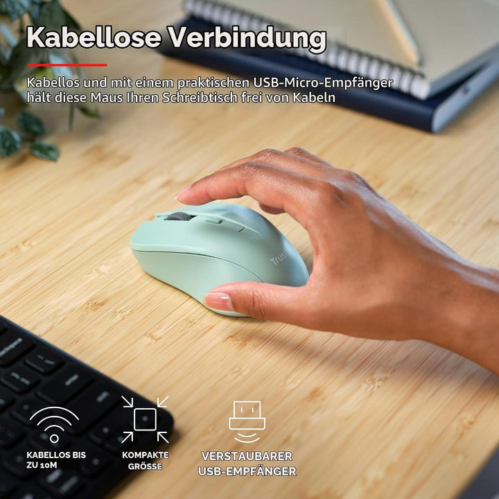 Trust Mydo Leise Funkmaus, 82% aus Recyclingkunststoff, 1000-1800 DPI, Verstaubarer USB Mikroempfäng