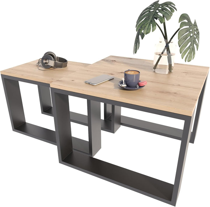 MATKAM Satztisch 2er Set, Couchtisch im Industrie-Stil, hoher Beistelltisch B60 x T60 x H43,3 cm, ni