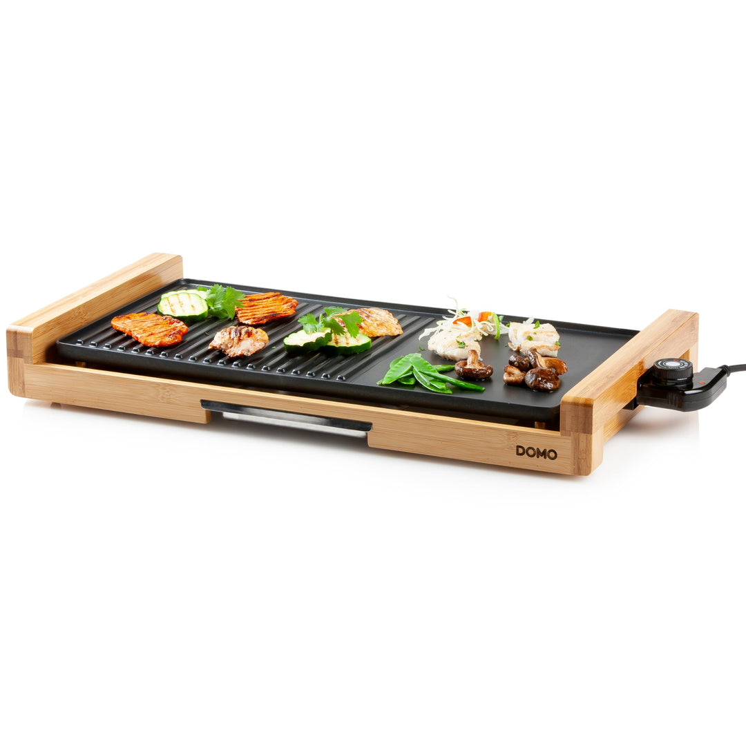 DOMO DO8311TP Electric Grill Plate Bamboo - Integrierte Fettauffangschale - 60 cm Abnehmbare Grillpl