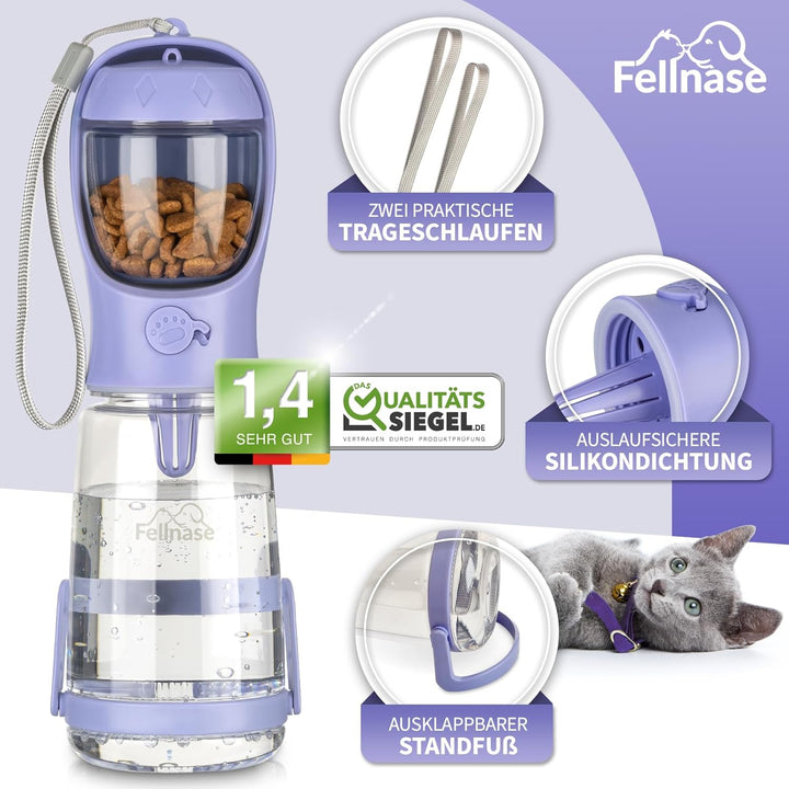 Hunde Trinkflasche für unterwegs - Mit Standfuss gegen Verschütten u. Futterspender I 550 ml Wasserf